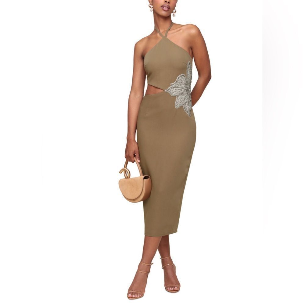 Avec Les Filles One Shoulder Olive Dress with Silver Detail - Picture 2 of 10